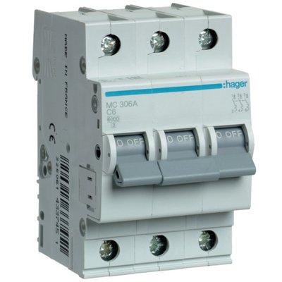 Автоматичний вимикач Hager MC306A 3-полюсний, In=6 А “C” 28237 фото