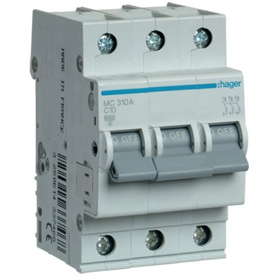 Автоматичний вимикач Hager MC310A 3-полюсний, In=10 А “C” 28238 фото